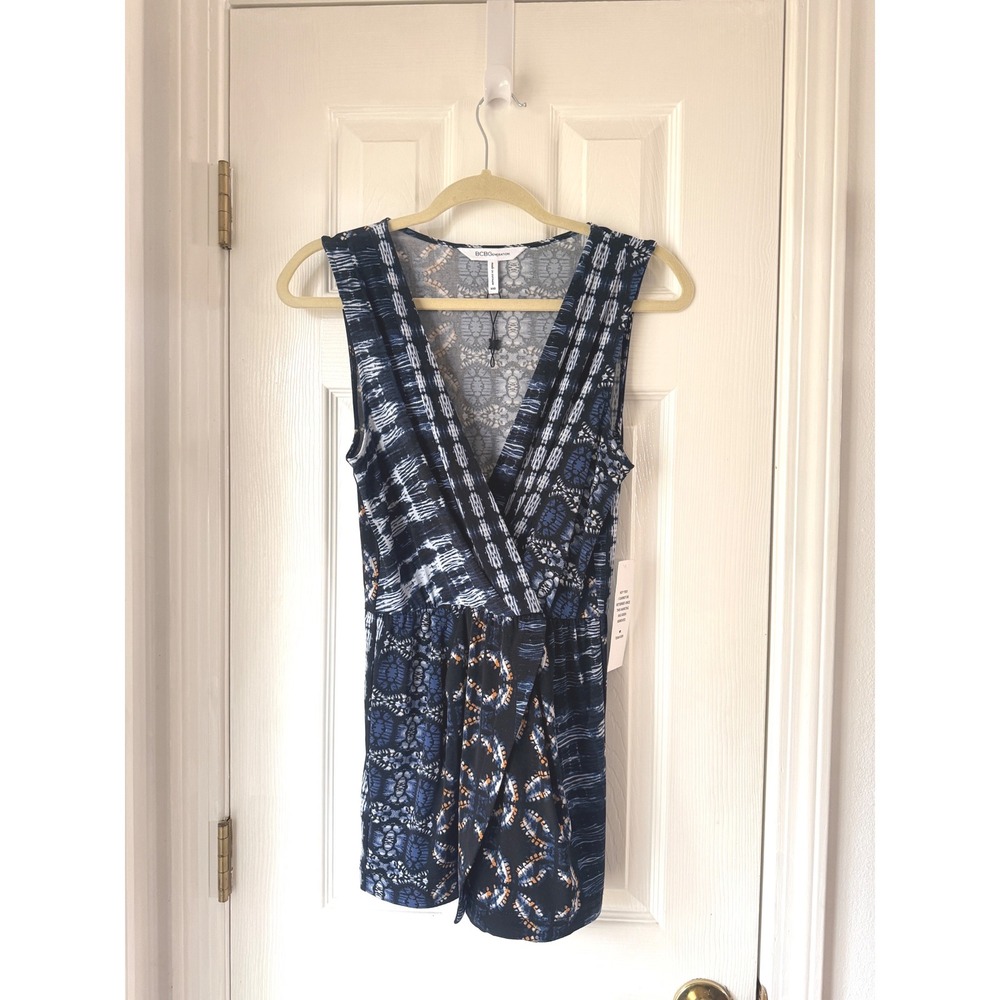 BCBGeneration Navy Blue Mixed Print Faux Wrap Romper‎ Sleeveless XXS New